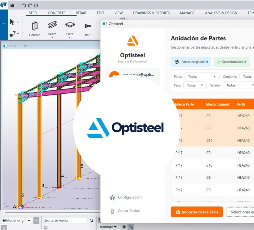 OptiSteel next to the 3D model of a structure, nesting the imported parts