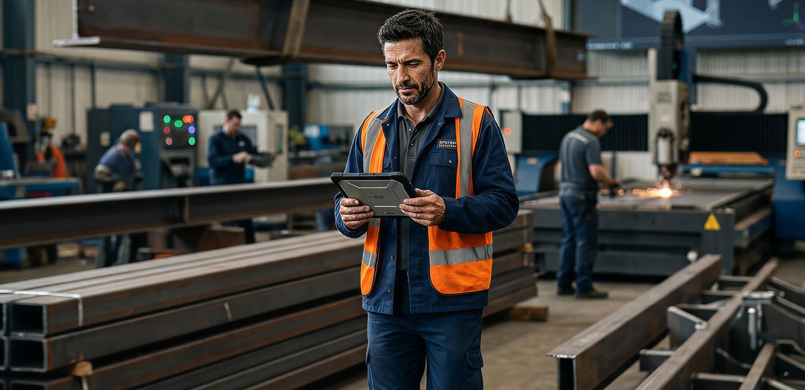 Worker in a high-visibility vest checking a tablet in a steel fabrication workshop