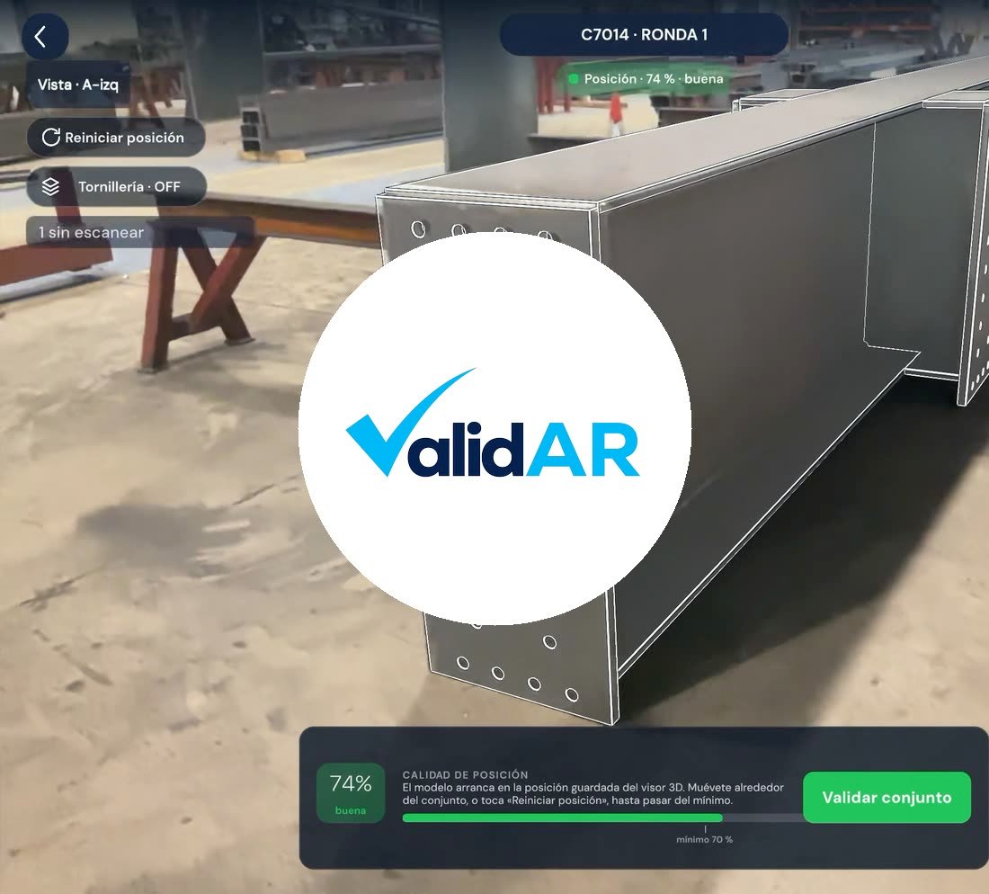 ValidAR logo over a real fitted beam with the model overlaid and position quality at «74 % · good»