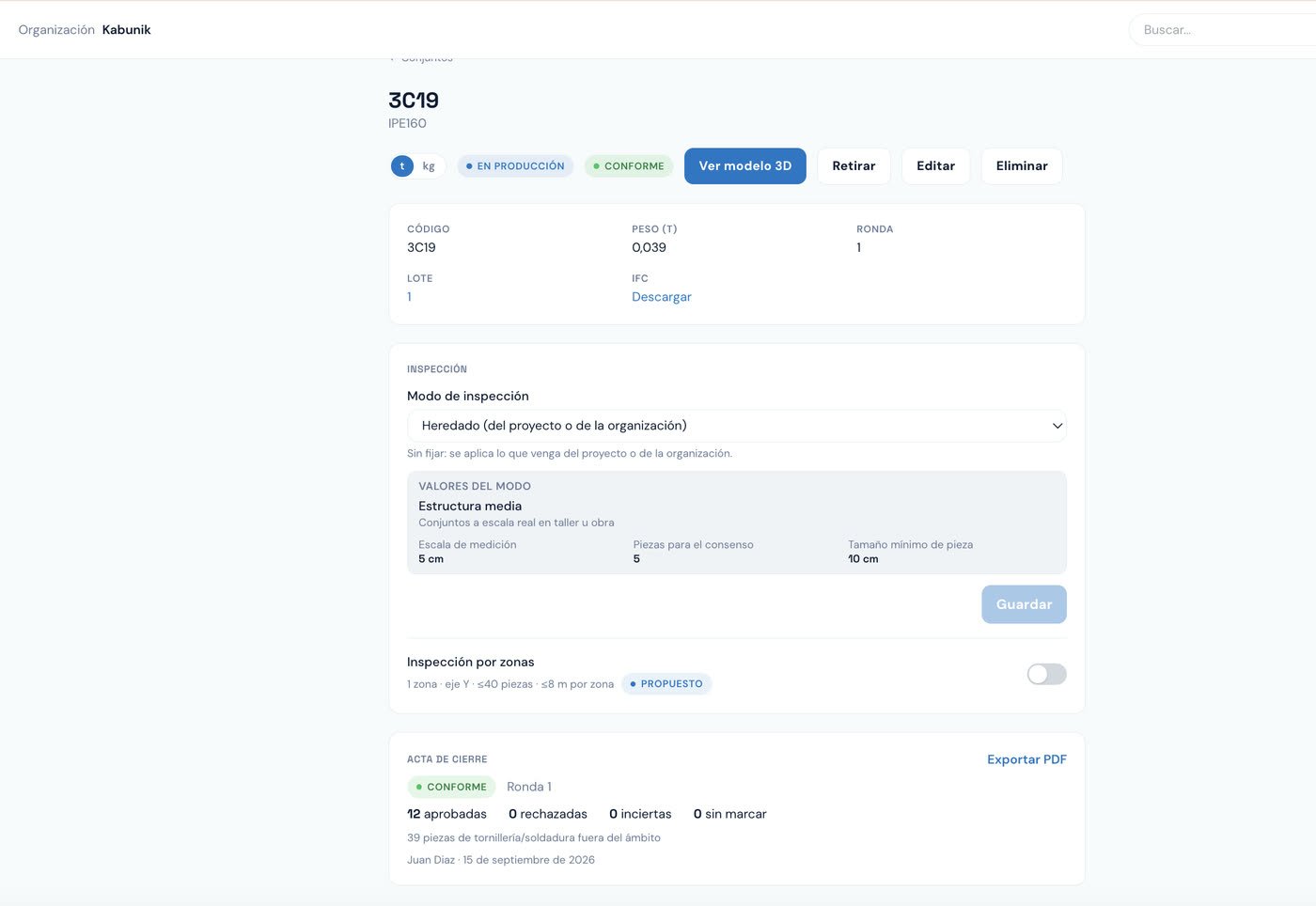 Assembly detail in the web app: in production, conforming and with the round’s closing record